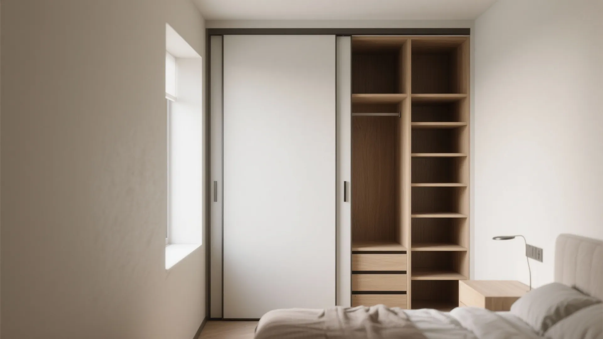Modern bedroom featuring a built in wooden wardrobe with white sliding doors and open shelving
