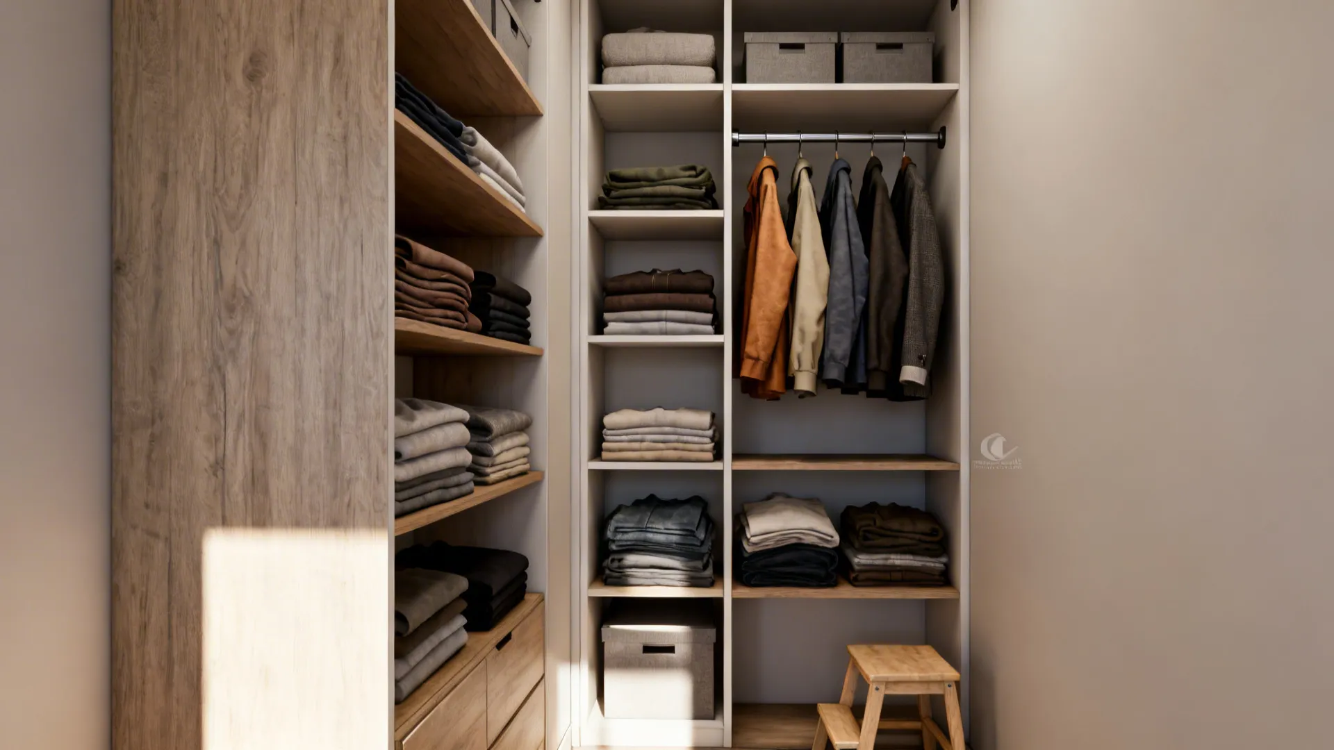 Slim floor-to-ceiling wardrobe with adjustable shelves and a high rail, step stool beside it.