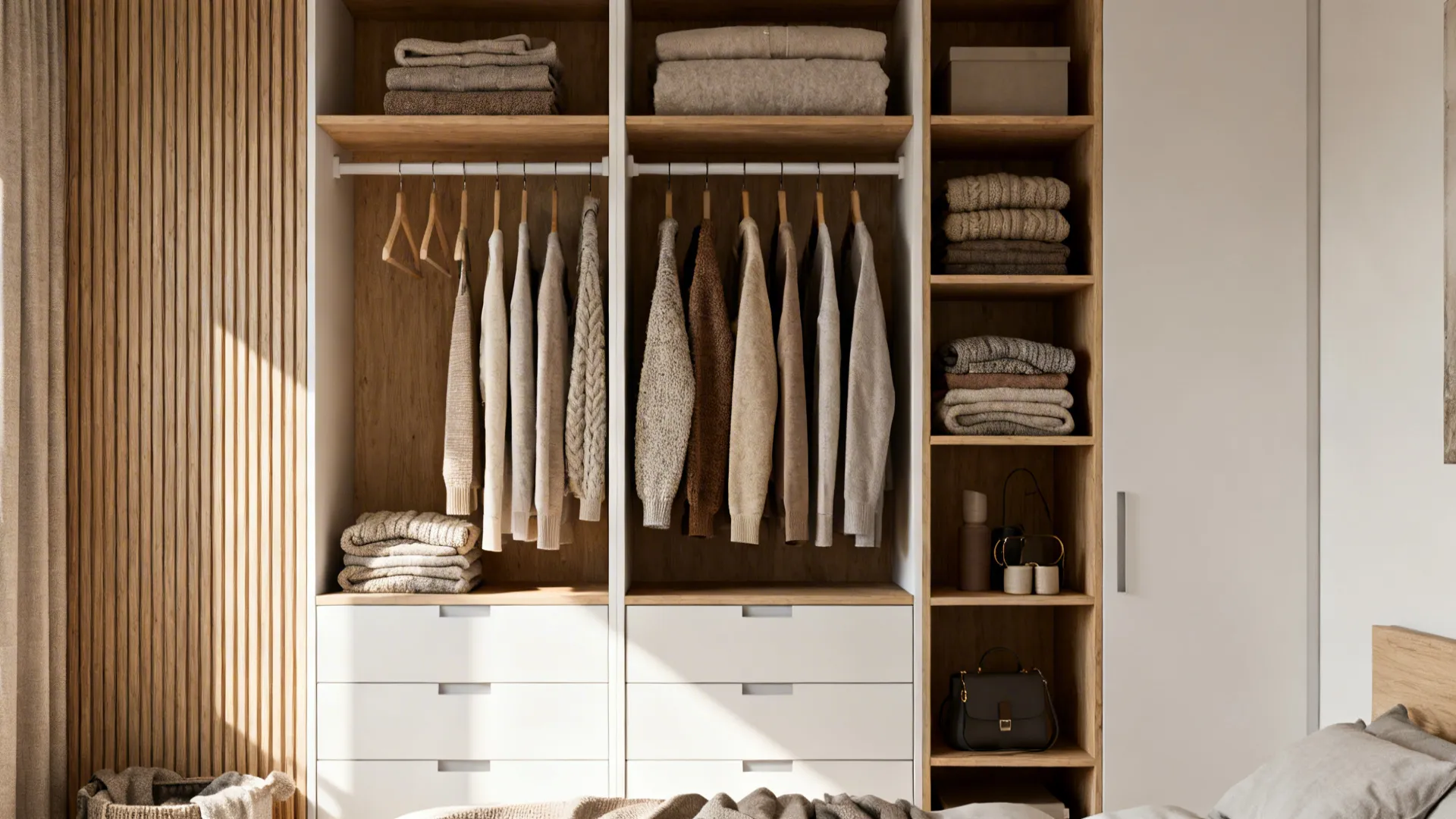 Tall vertical wardrobe with hanging rails, drawers and open shelves for efficient clothing storage