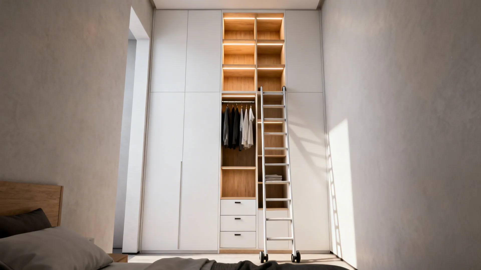 Slim vertical wardrobe with mixed hanging rails, shelves, drawers and a small ladder.