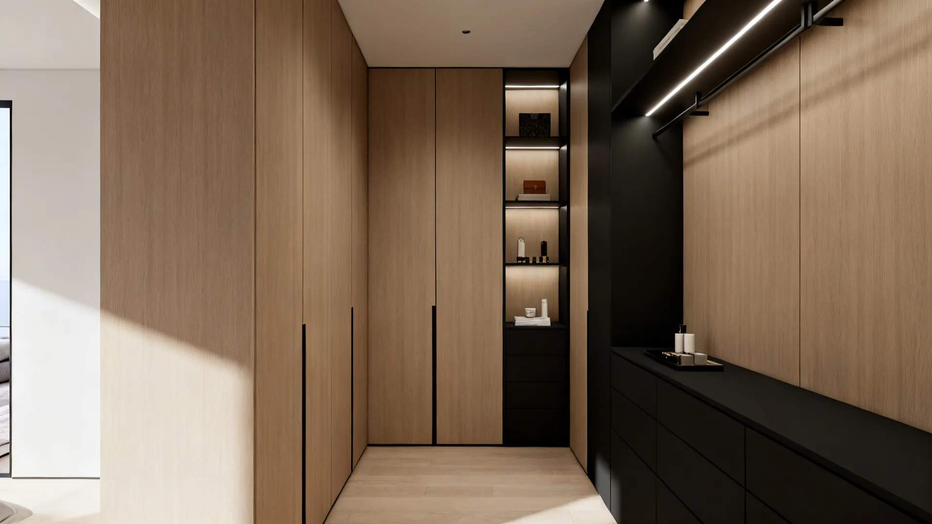 Narrow bedroom corner with tall wardrobes and open shelving with integrated lighting