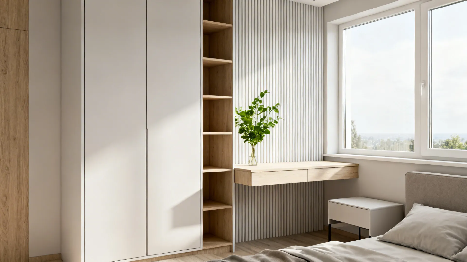 Tall narrow wardrobe beside a floating desk and nightstand in a compact bedroom