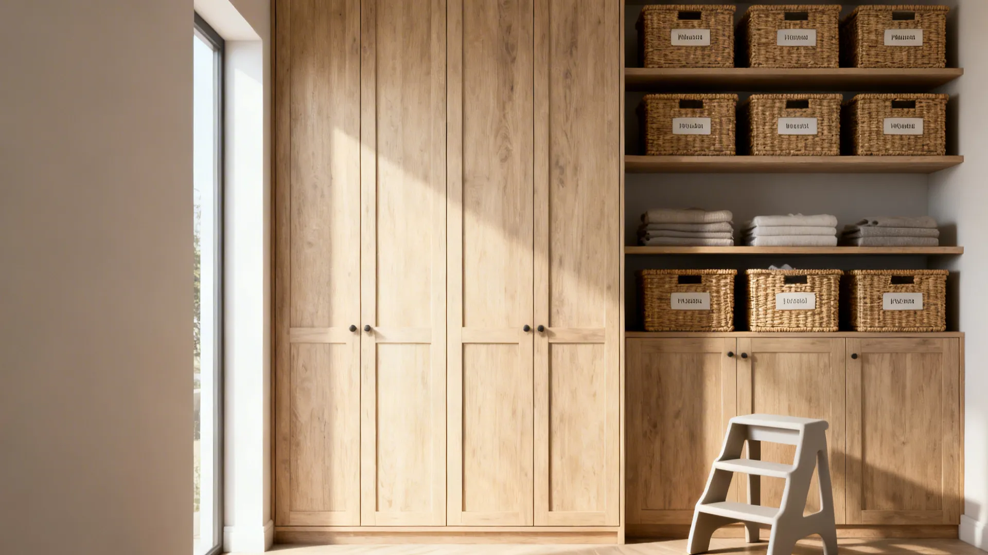 Tall wardrobe to the ceiling with labeled baskets on a high shelf and a step stool below.