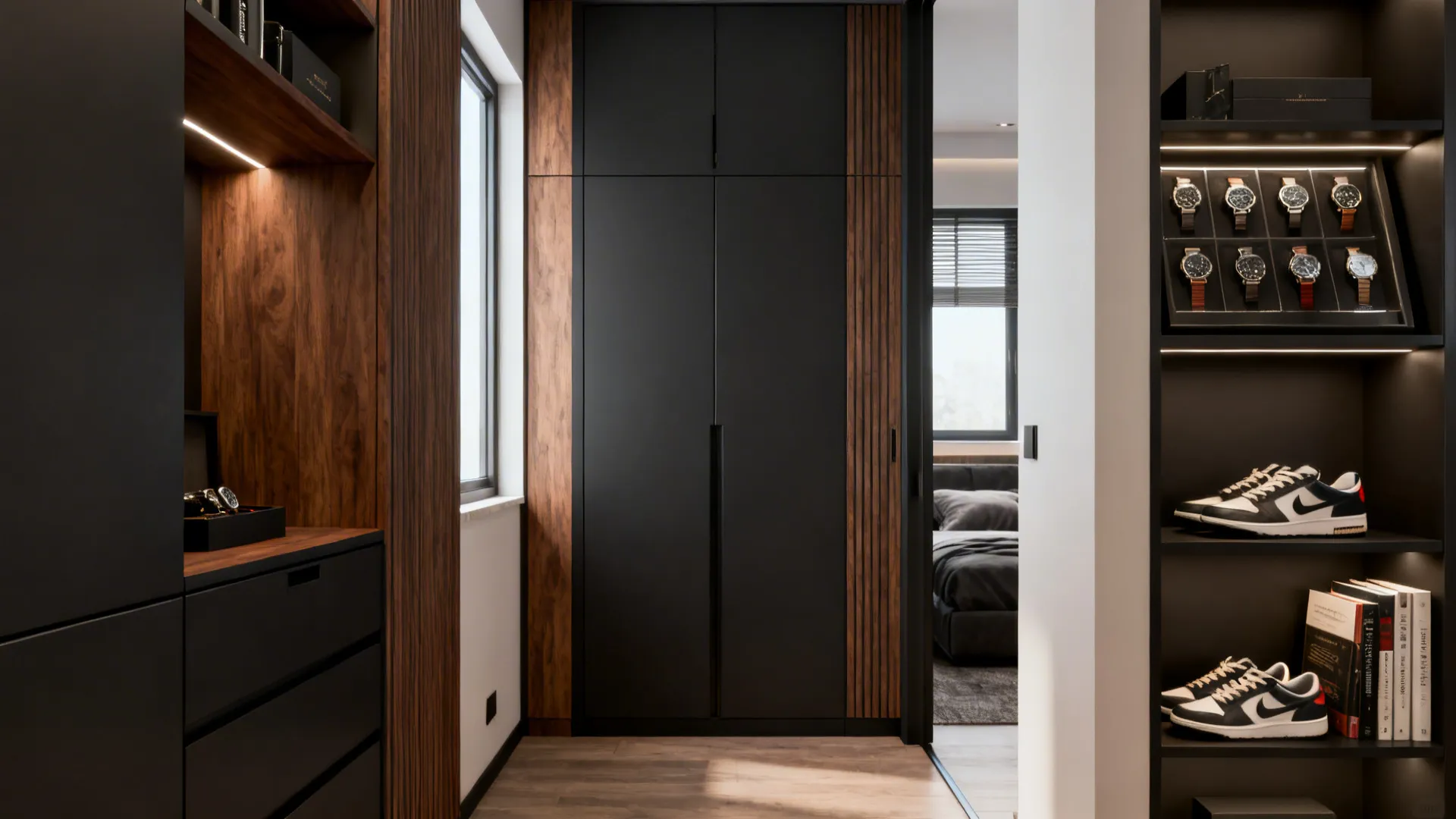 Modern black cabinet with wooden wall panels and shelves for watches shoes and books nearby