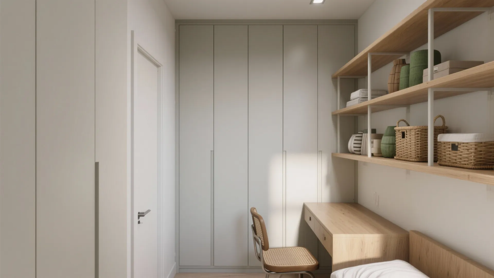 2. Vertical wardrobes and open shelving