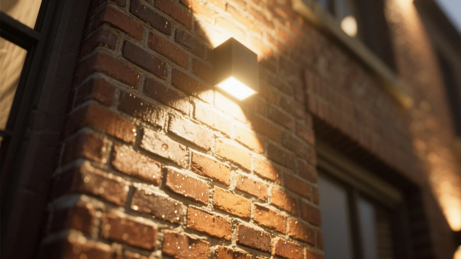 Black square wall light fixture mounted on a red brick wall during evening with glow