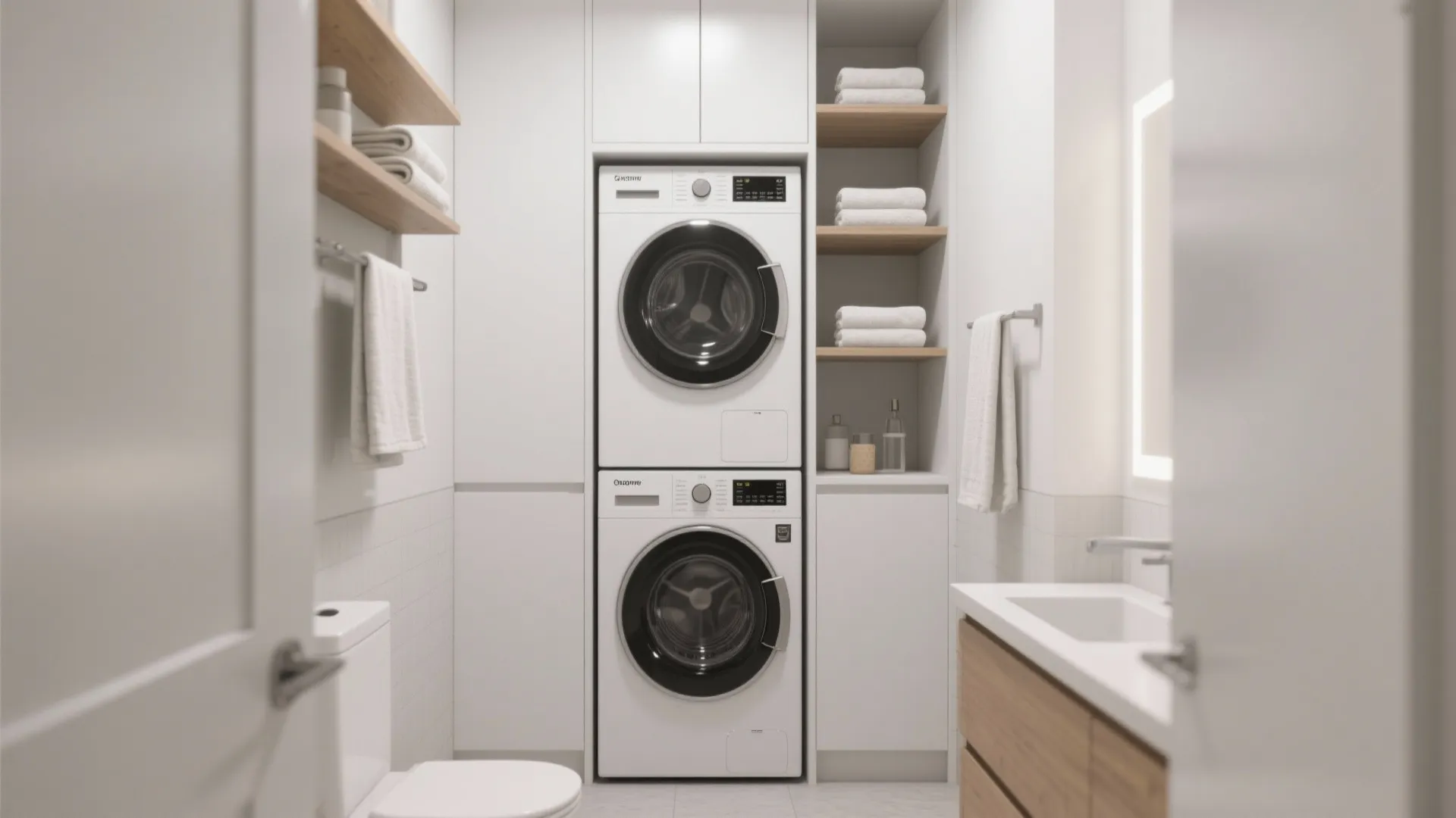 Compact bathroom design featuring stacked washing machine and dryer unit beside open wooden wall shelves