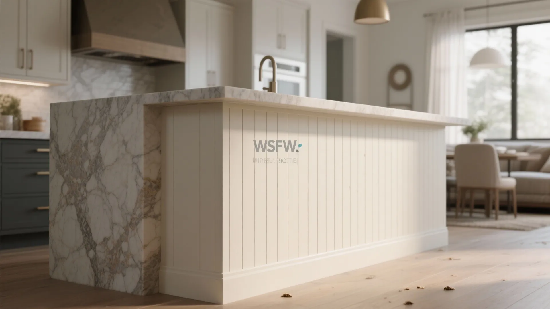 Modern kitchen island with marble countertop white wall panel base and gold faucet in bright room