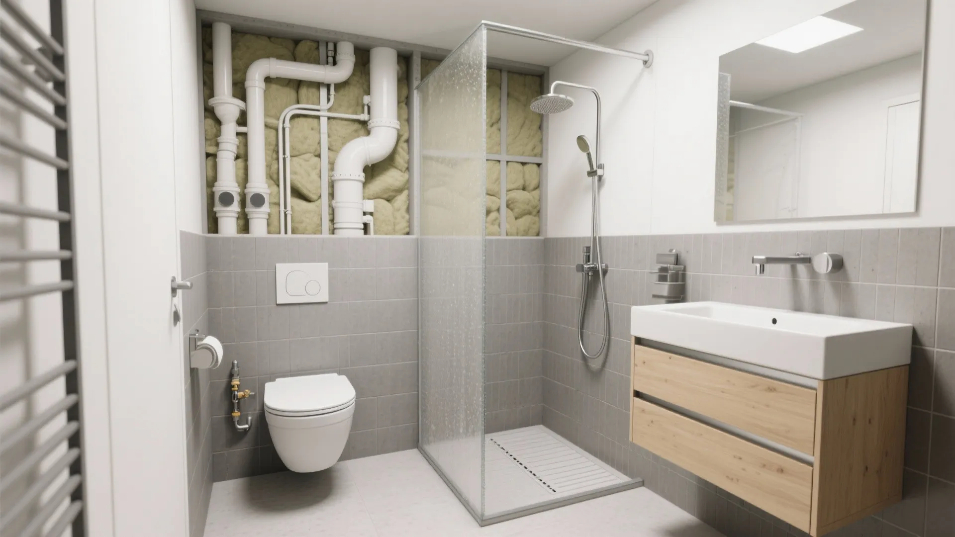 1) Vertical wet walls: stack drains and vents on one spine