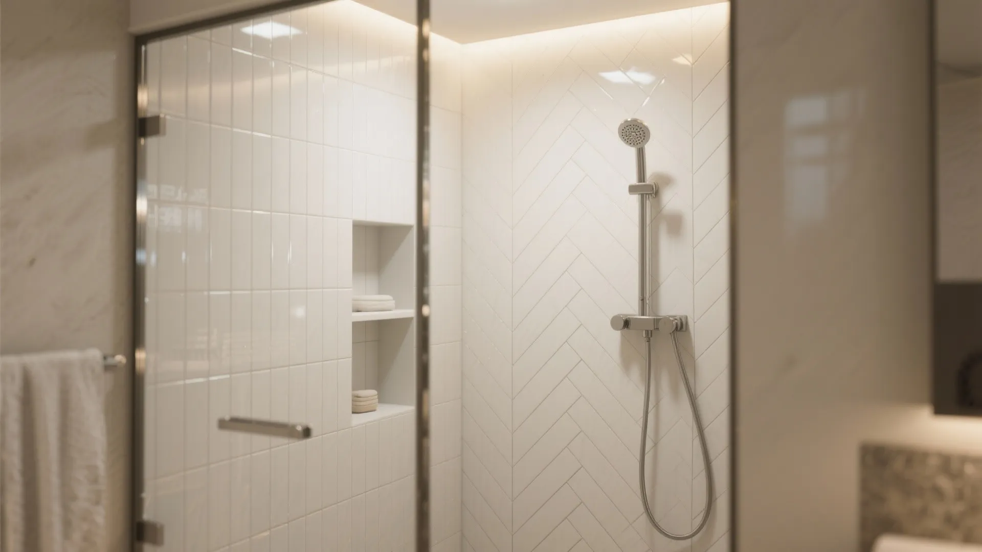 Modern glass shower area with white wall tiles hand shower head and small wall shelves