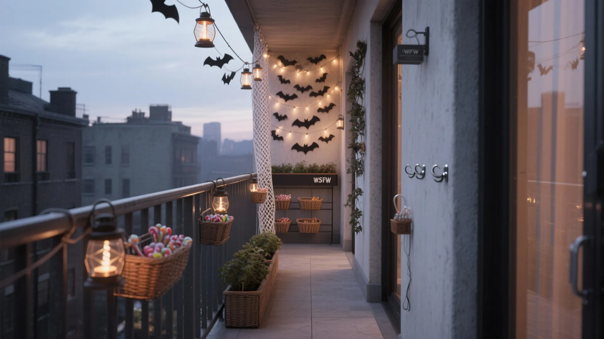 Narrow balcony decorated for Halloween with bat string lights hanging baskets and green potted floor plants