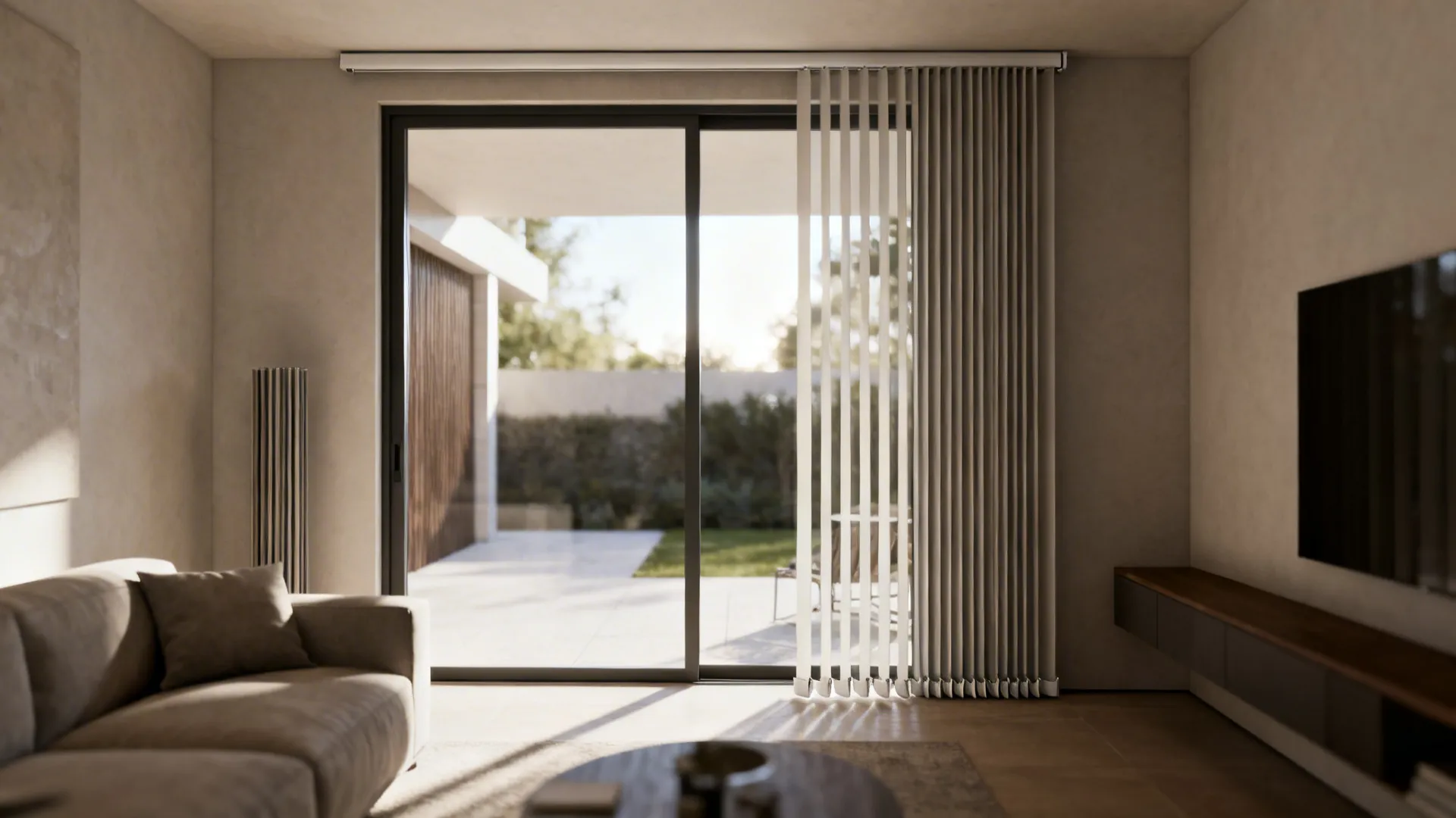 Living room with sliding door and slim vertical blinds stacked to the side.