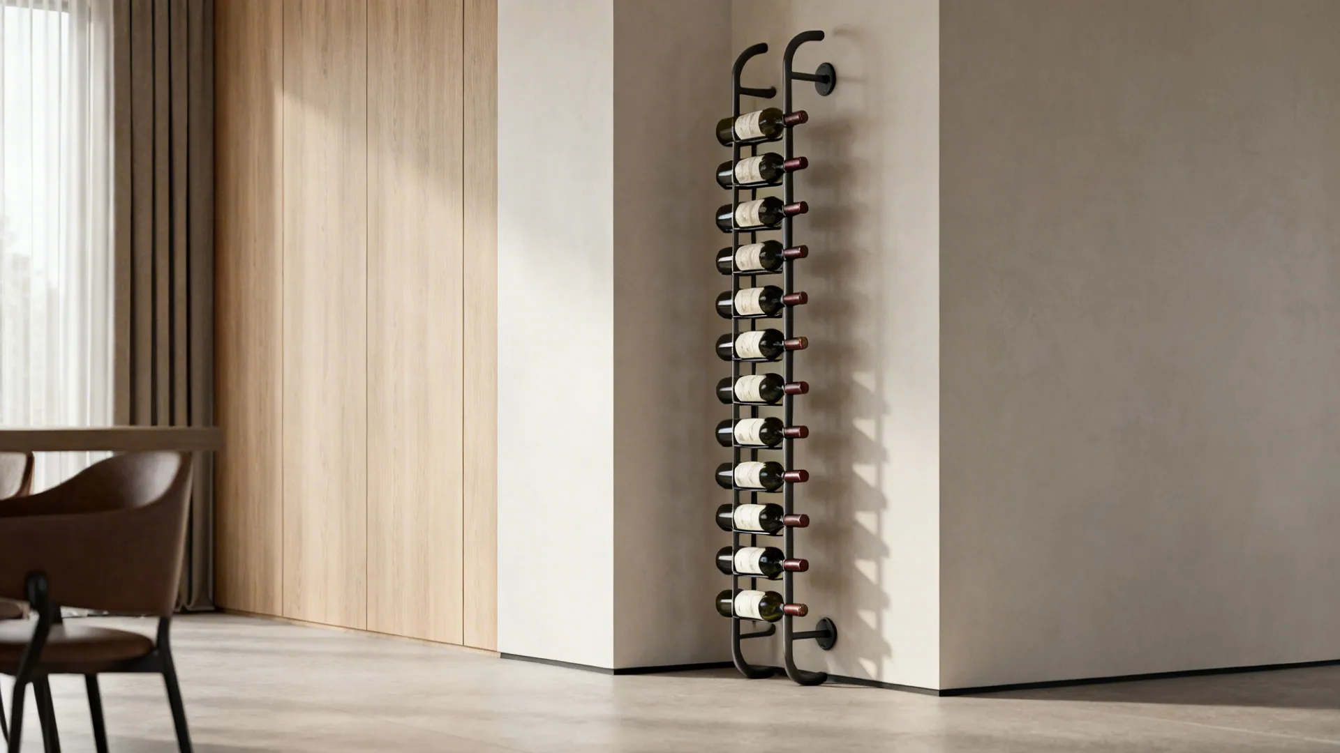 Slim vertical wine ladder anchored in a corner holding bottles in a minimalist interior.