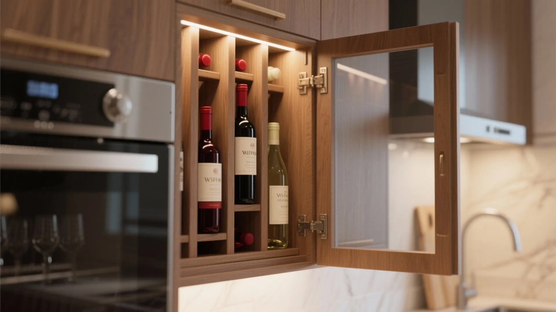 Modern wood kitchen cabinet with built-in vertical wine bottle storage and integrated warm LED lighting