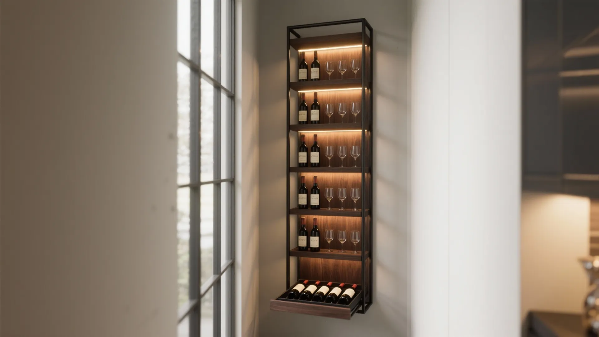 Slim vertical wine tower with LED strip lighting and a shallow pull-out tray between pantry and fridge.
