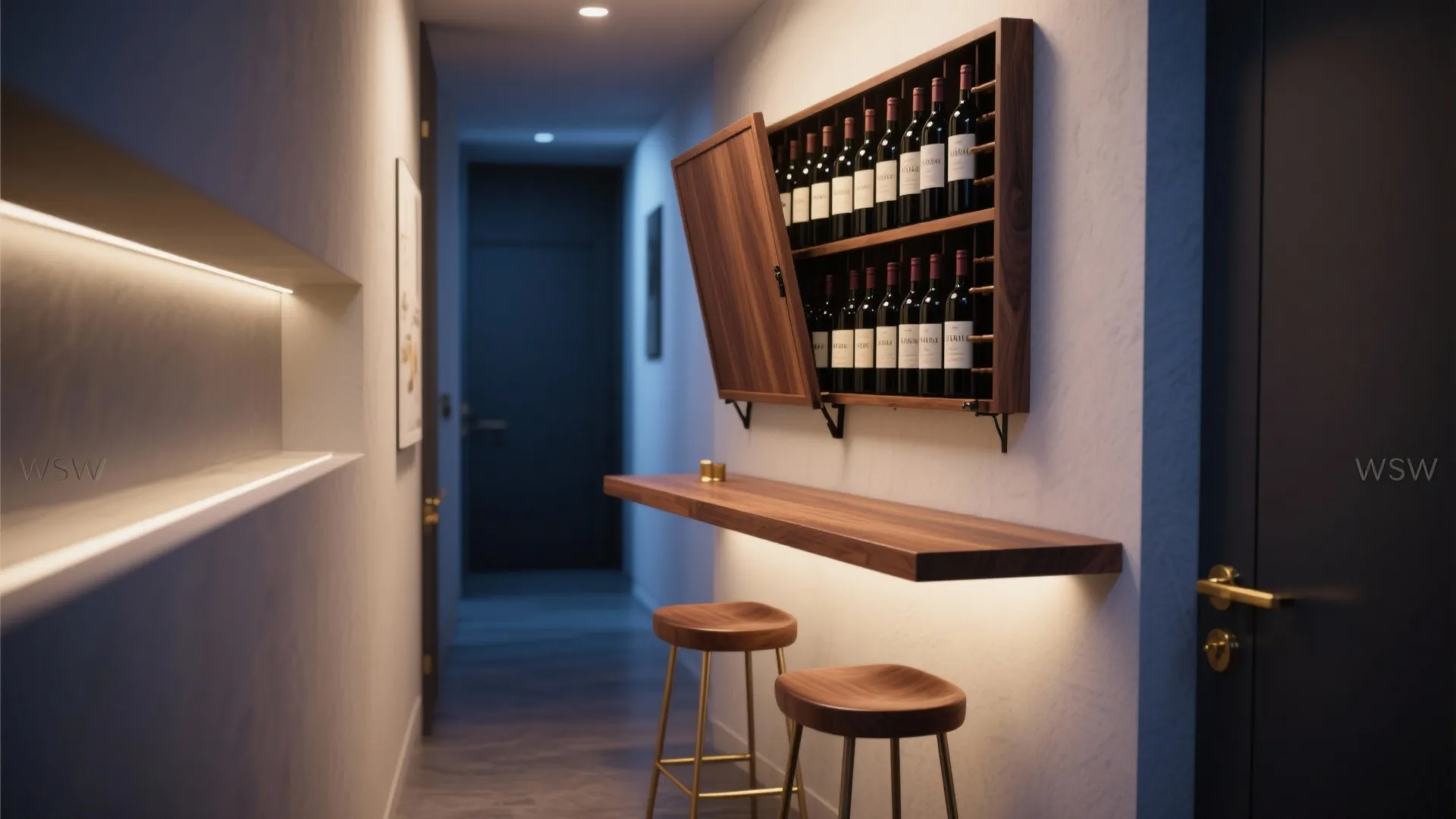 Vertical wine wall with a fold-down counter and two stools in a compact space
