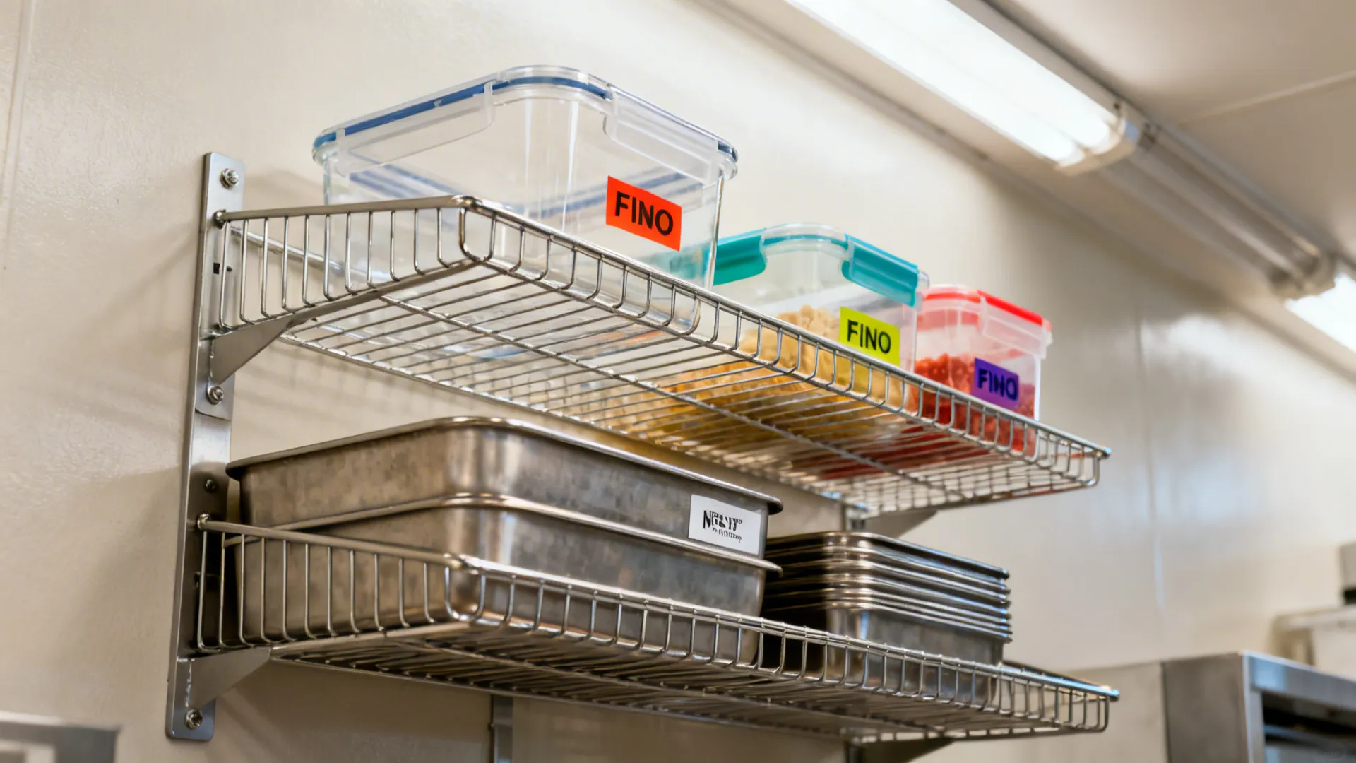 Open wire shelves with labeled clear containers for high-visibility vertical storage.