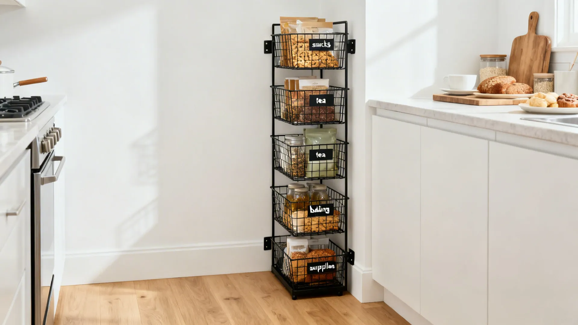 Vertical black metal wire rack with five tiers attached to wall for kitchen food storage