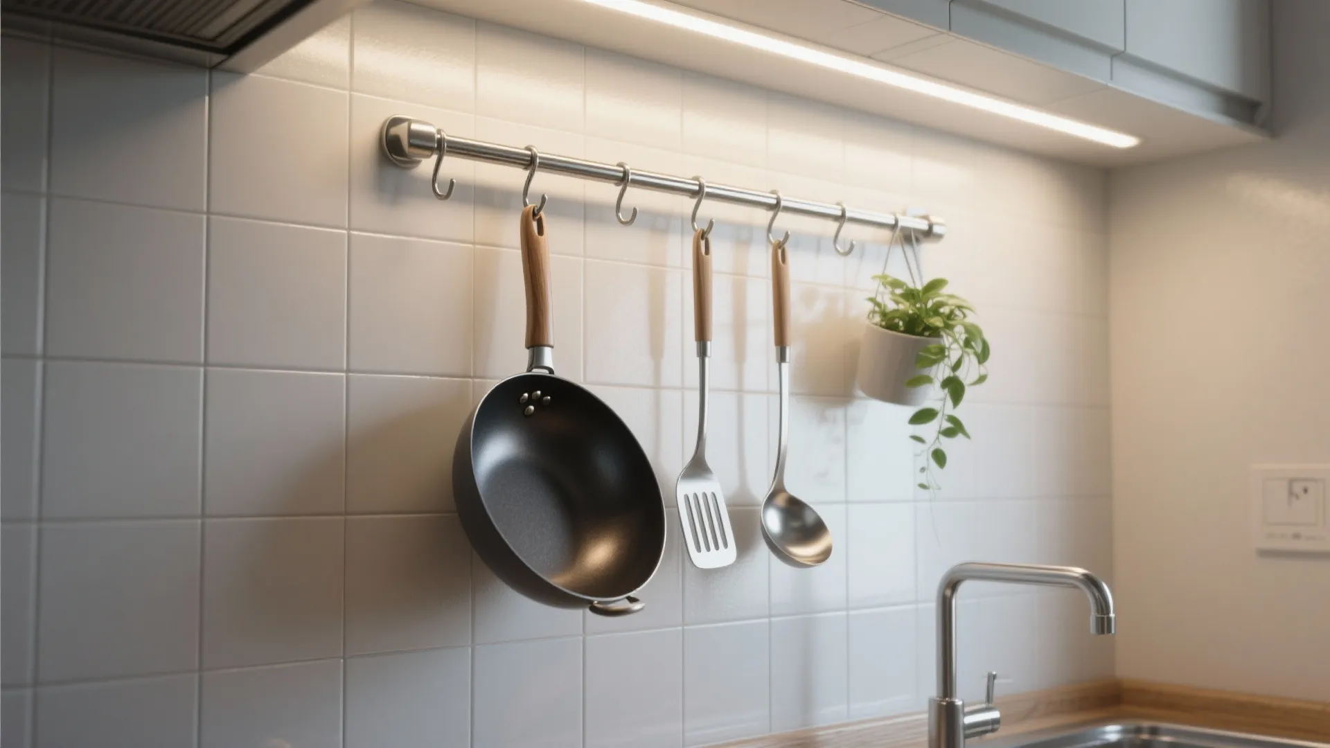 Stainless steel vertical wok wall with hanging utensils against a tiled backsplash
