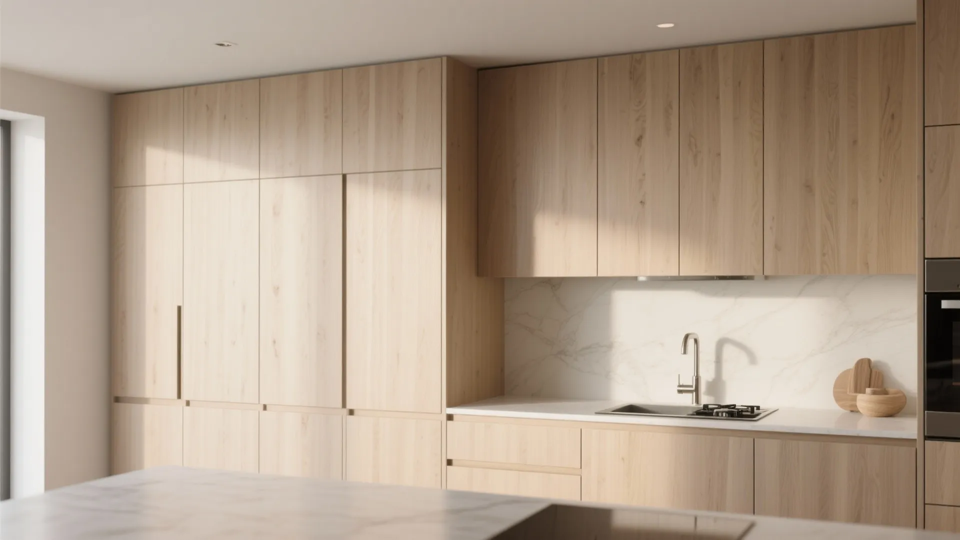 Minimalist kitchen design with light wood wall cabinets white marble backsplash and modern sink area