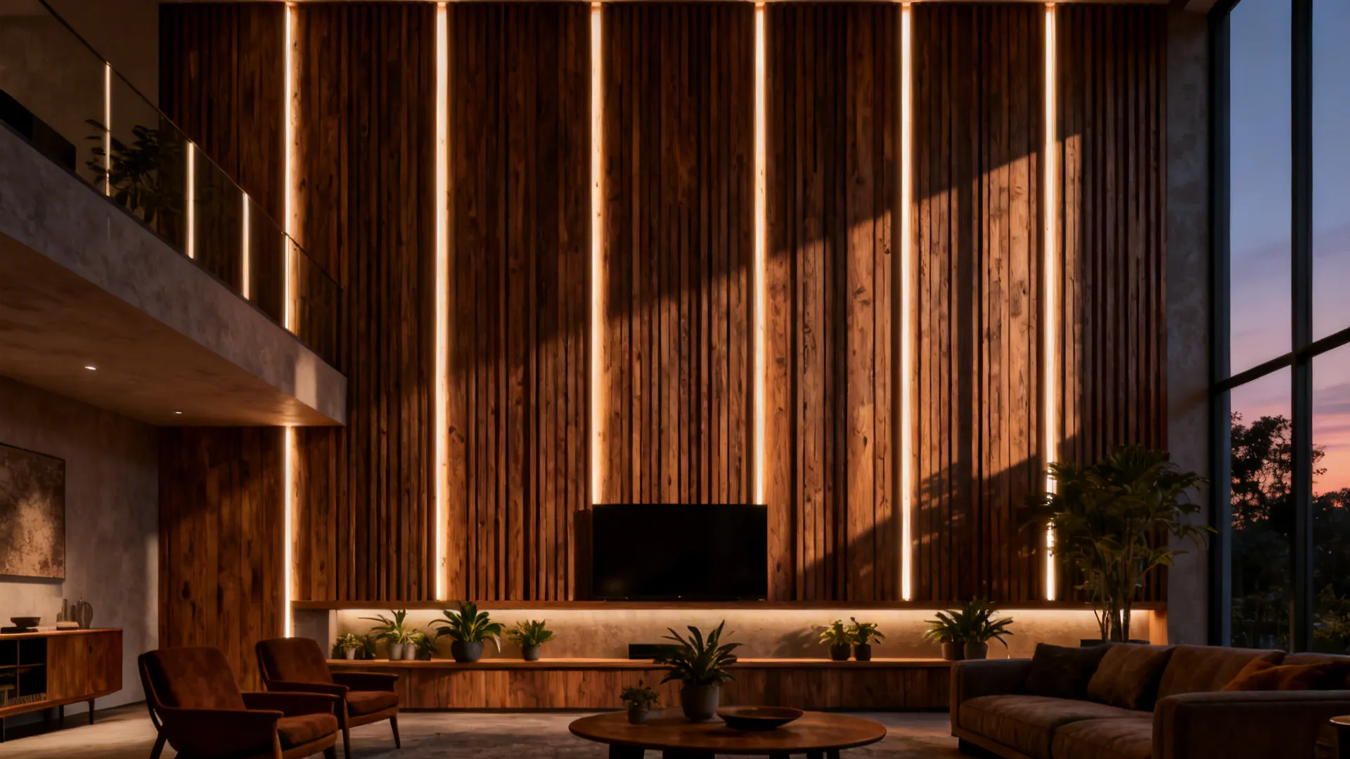 Double-height wall with vertical wood slats and concealed LED lighting creating warm depth