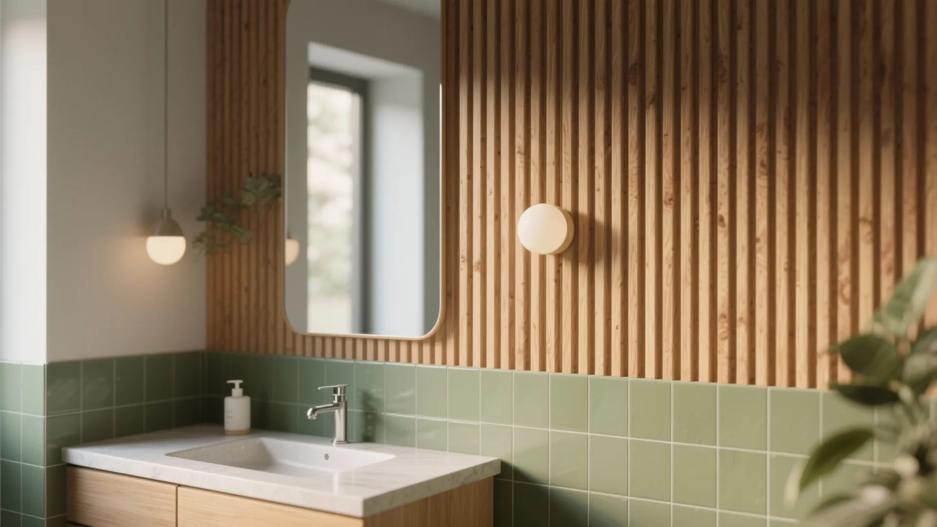 1. Vertical wood slat accent wall with moss-green tiles