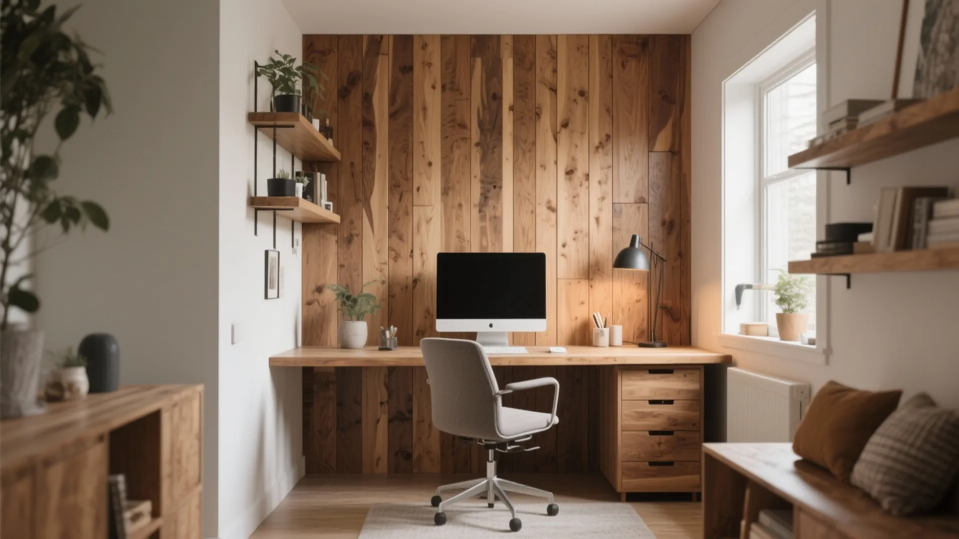 Home office with vertical wood wall panel computer on desk grey chair and open shelves