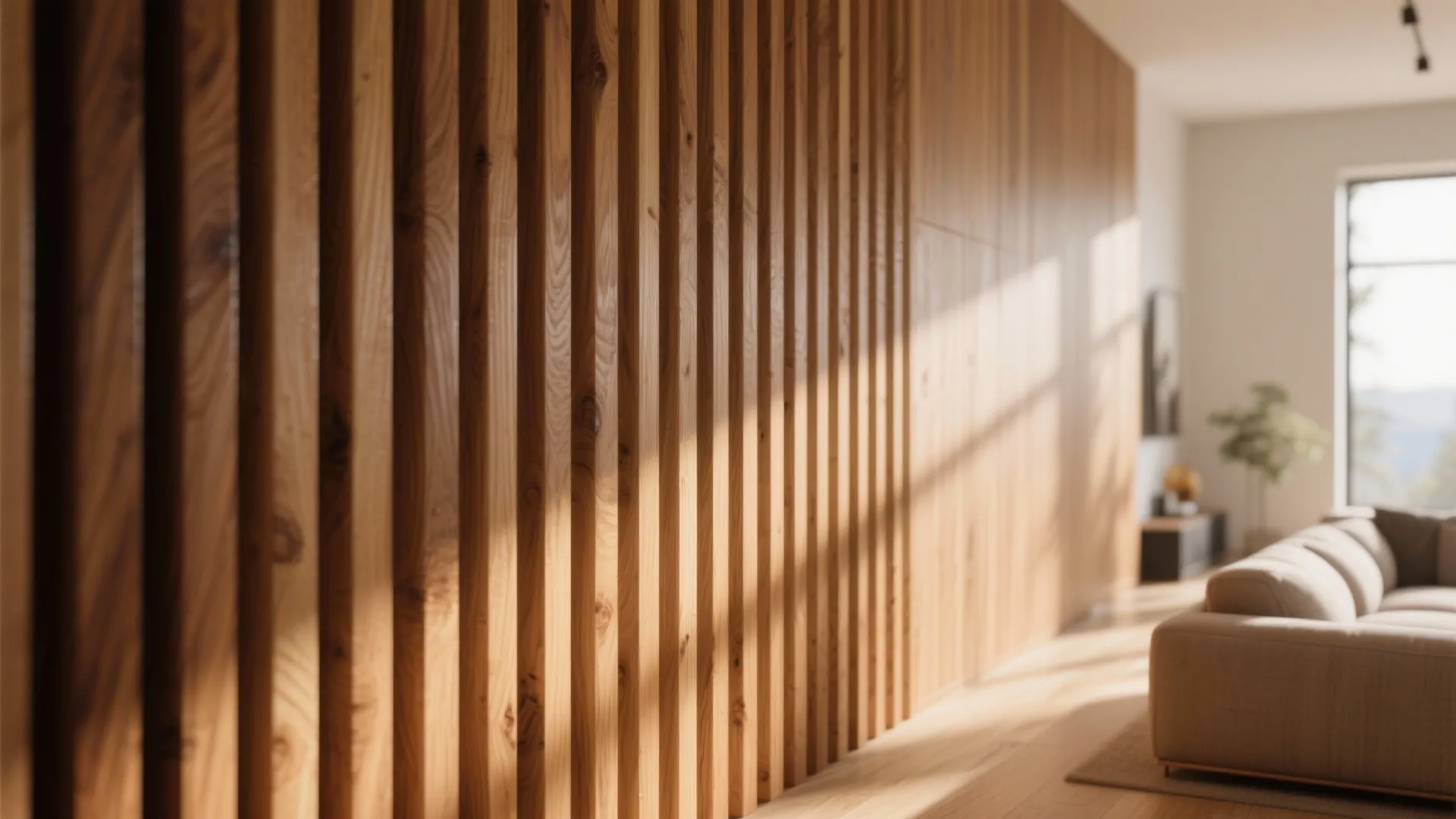 Modern living room wall with vertical wood panel sunlight shadows and a neutral beige sofa