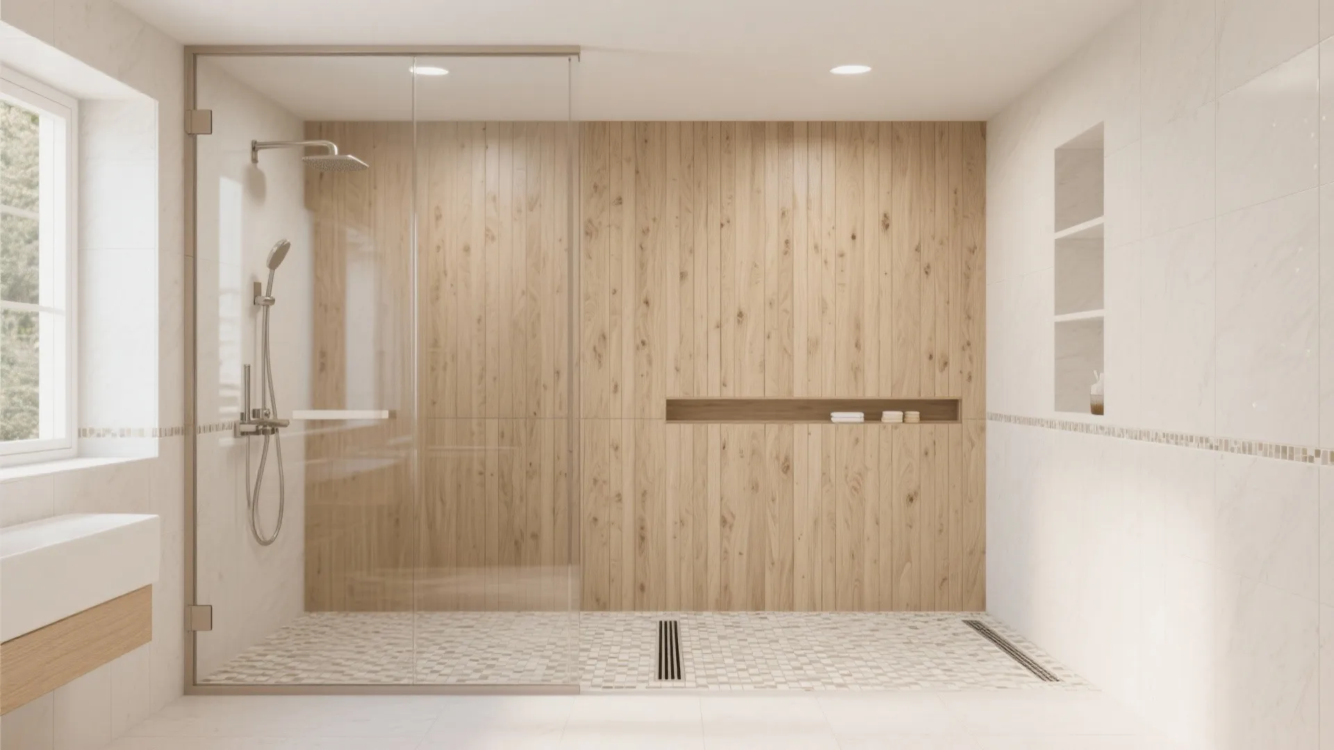 Shower with vertical wood-look porcelain accent wall and linear drain.