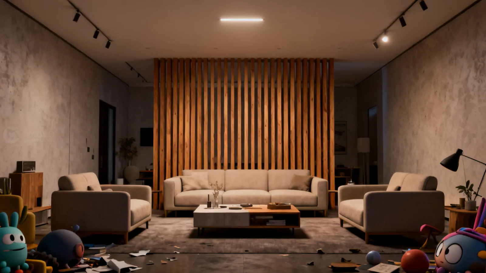 Living room with vertical wood slat accent wall behind sofa