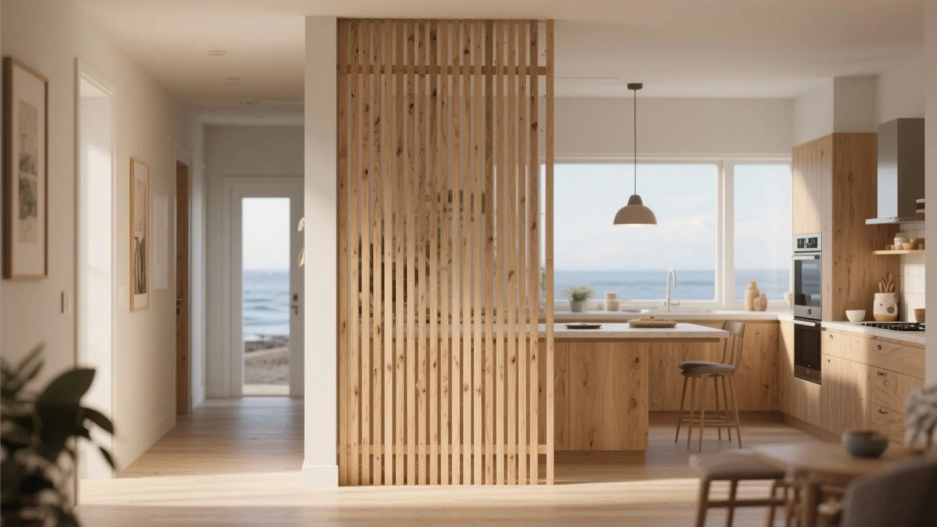 Vertical wood slat room divider separating a bright kitchen from a hallway with ocean views