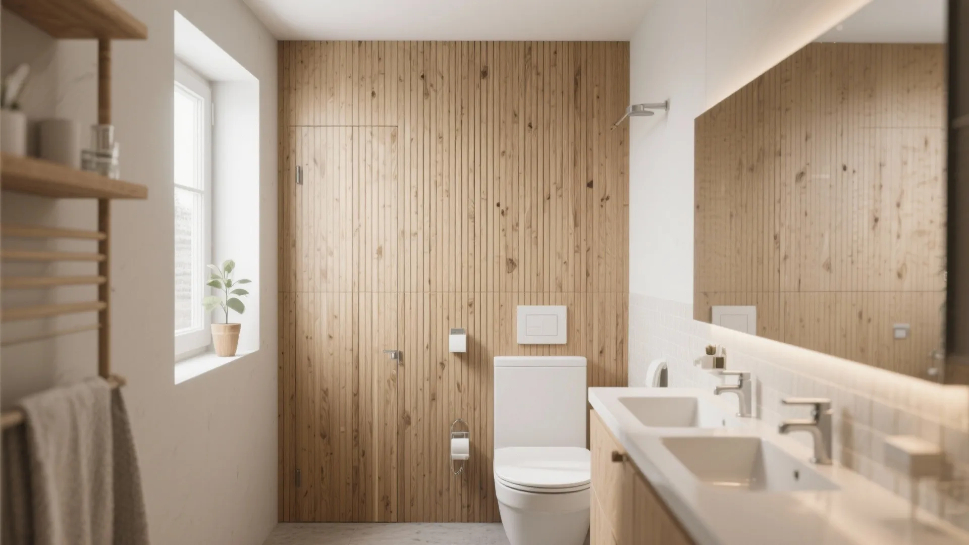 Small bathroom with vertical oak slat wall panels