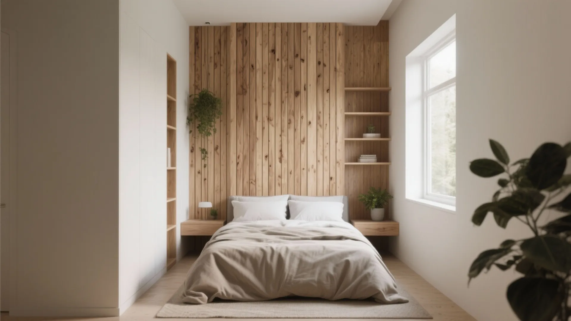 Modern bedroom featuring vertical wood wall panels behind a comfortable bed with soft white bedding