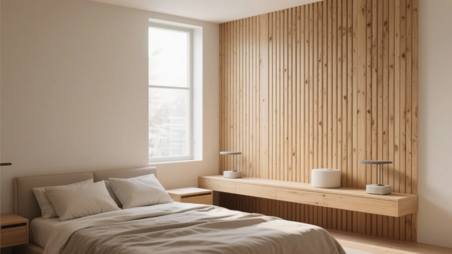 Modern bedroom with vertical wood wall panel design long wooden shelf and a soft bed