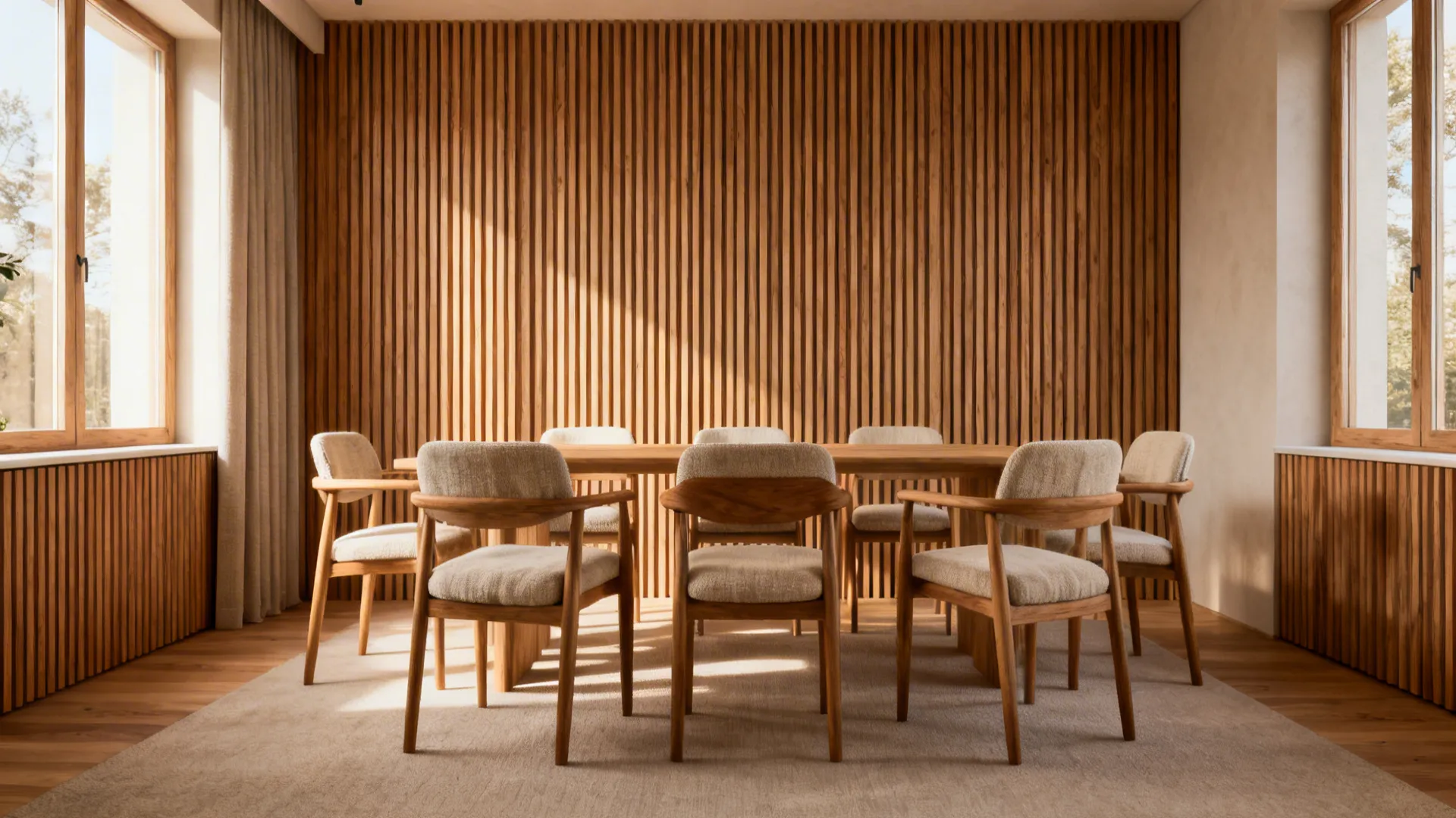 Dining nook with vertical oak wood slats on the accent wall and Scandinavian furniture.