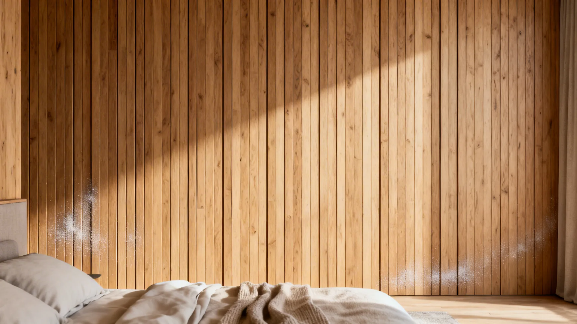 Bedroom wall with vertical wood slats in warm pine elevating the ceiling visually