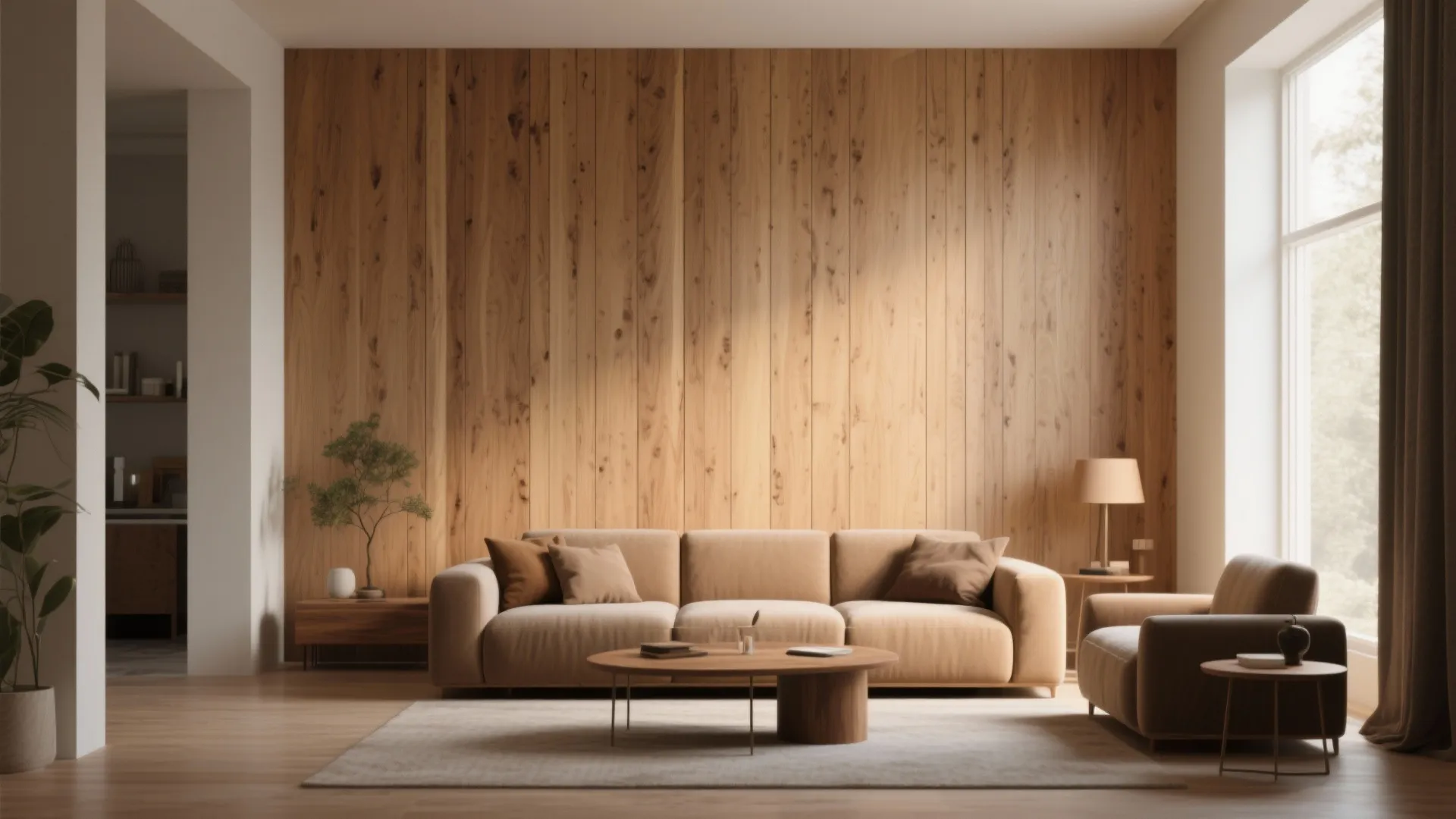 Modern living room with vertical oak wall paneling