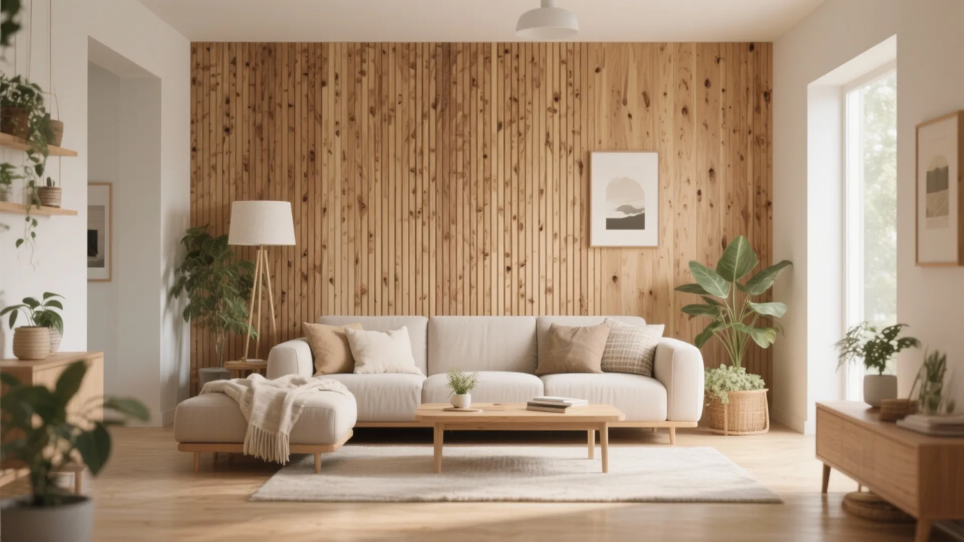 Modern living room with vertical wood wall panel cream sofa wooden coffee table and plants