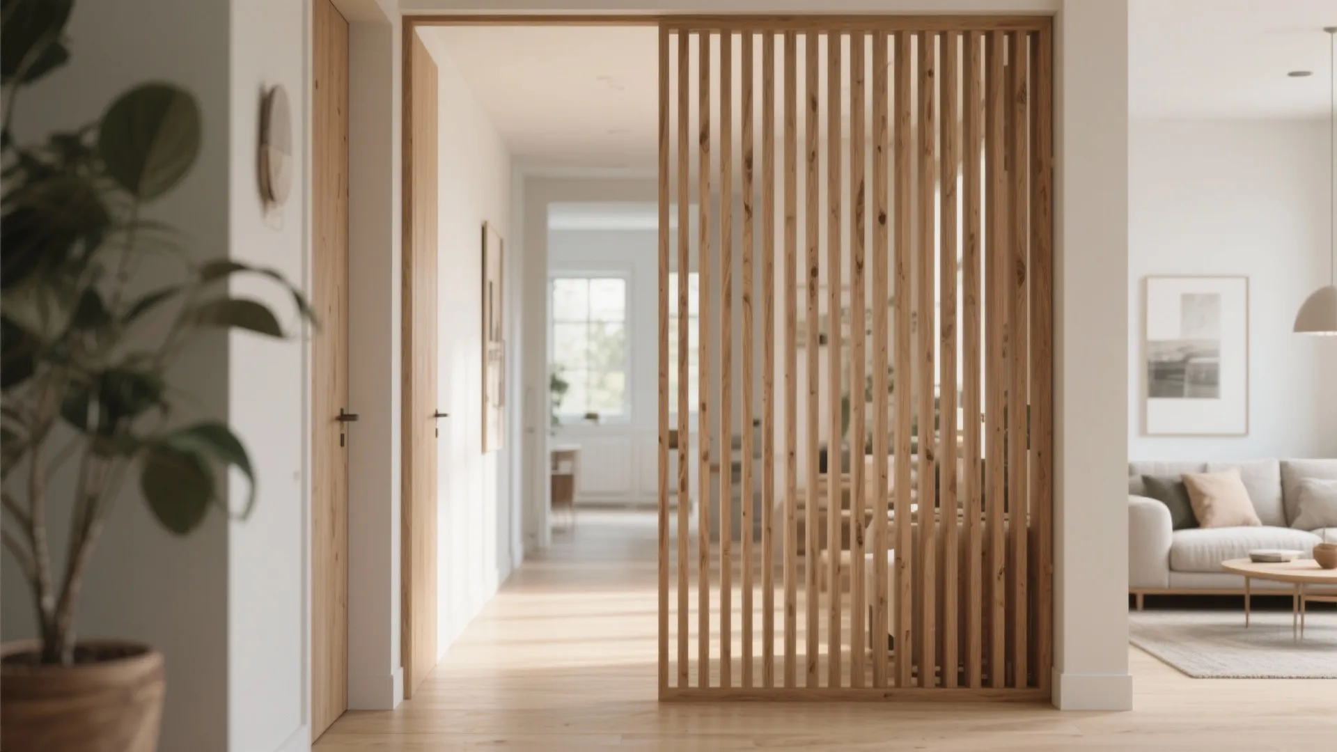 Modern hallway with vertical wooden slats room divider leading to a living room with sofa