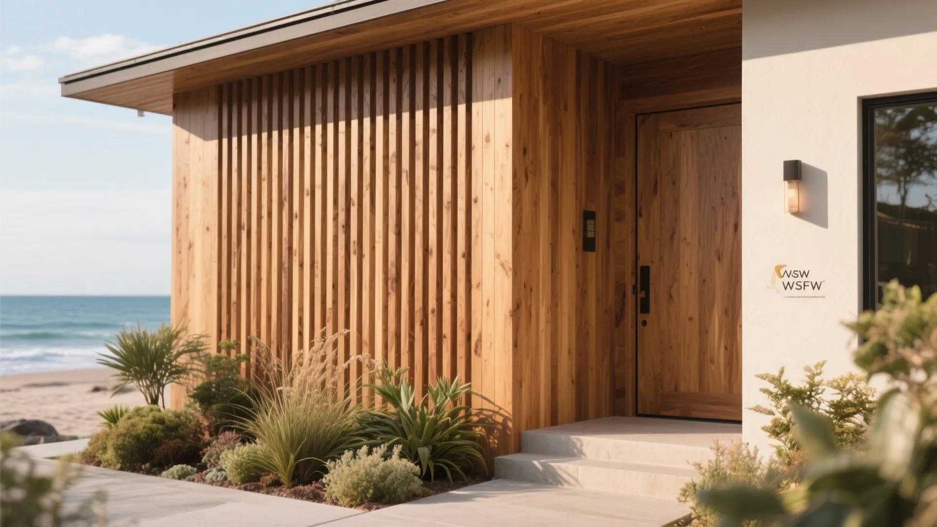 Beachfront house entrance with vertical wood wall panels wooden door plus plants near the sandy ocean