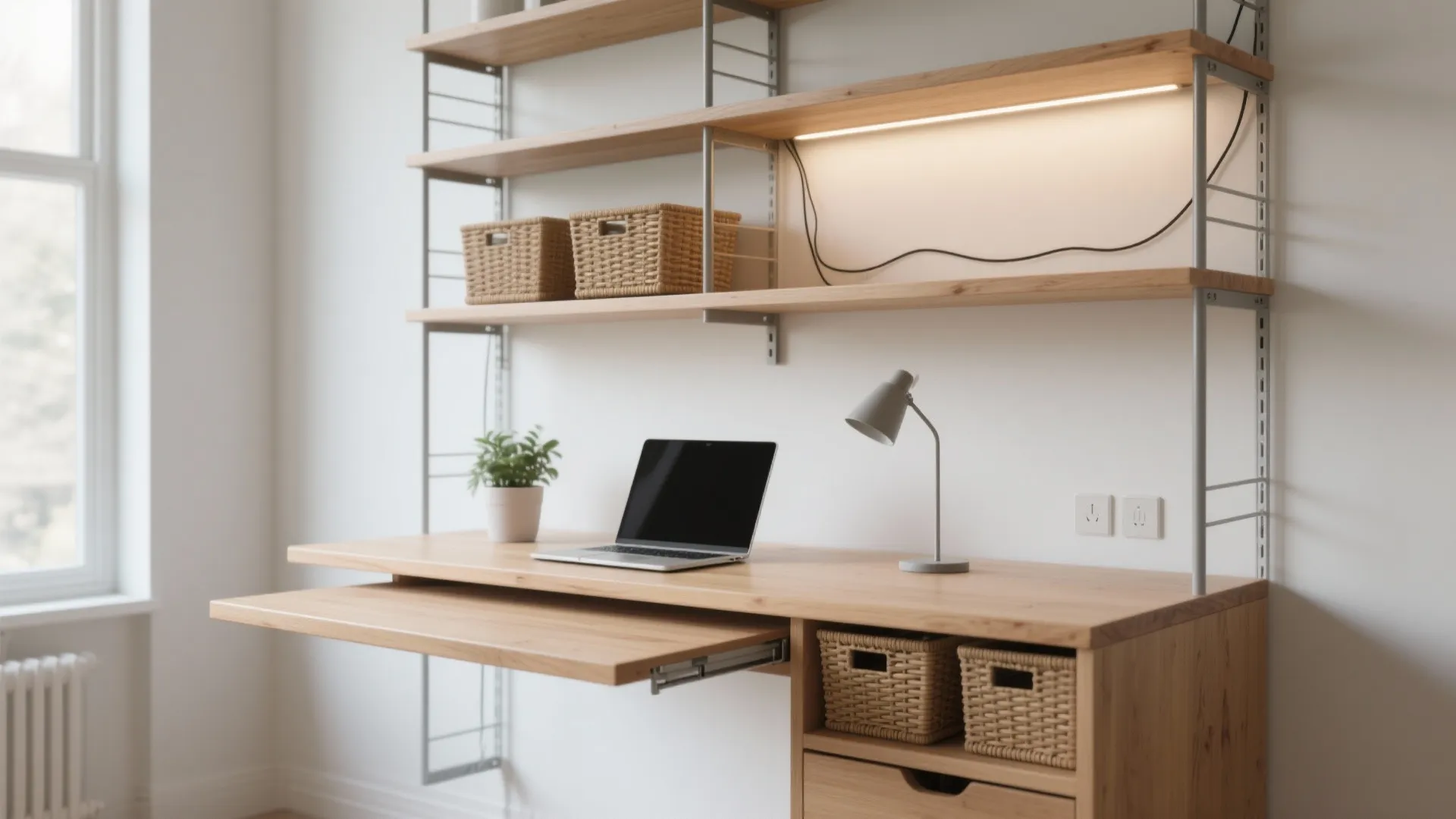 Modern home office desk with laptop keyboard tray open wooden shelves desk lamp and small plant