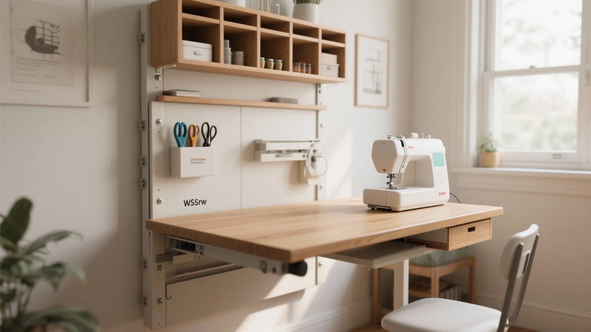 Modern white wall mounted workstation featuring sewing machine, wooden table top, and organized storage shelves