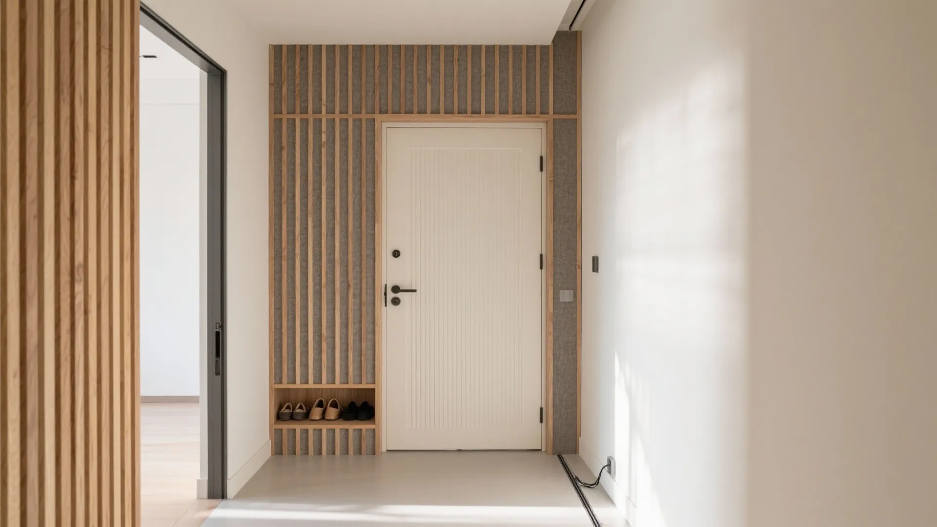 Minimalist home entrance with white door wood wall panel shoe shelf and bright natural light