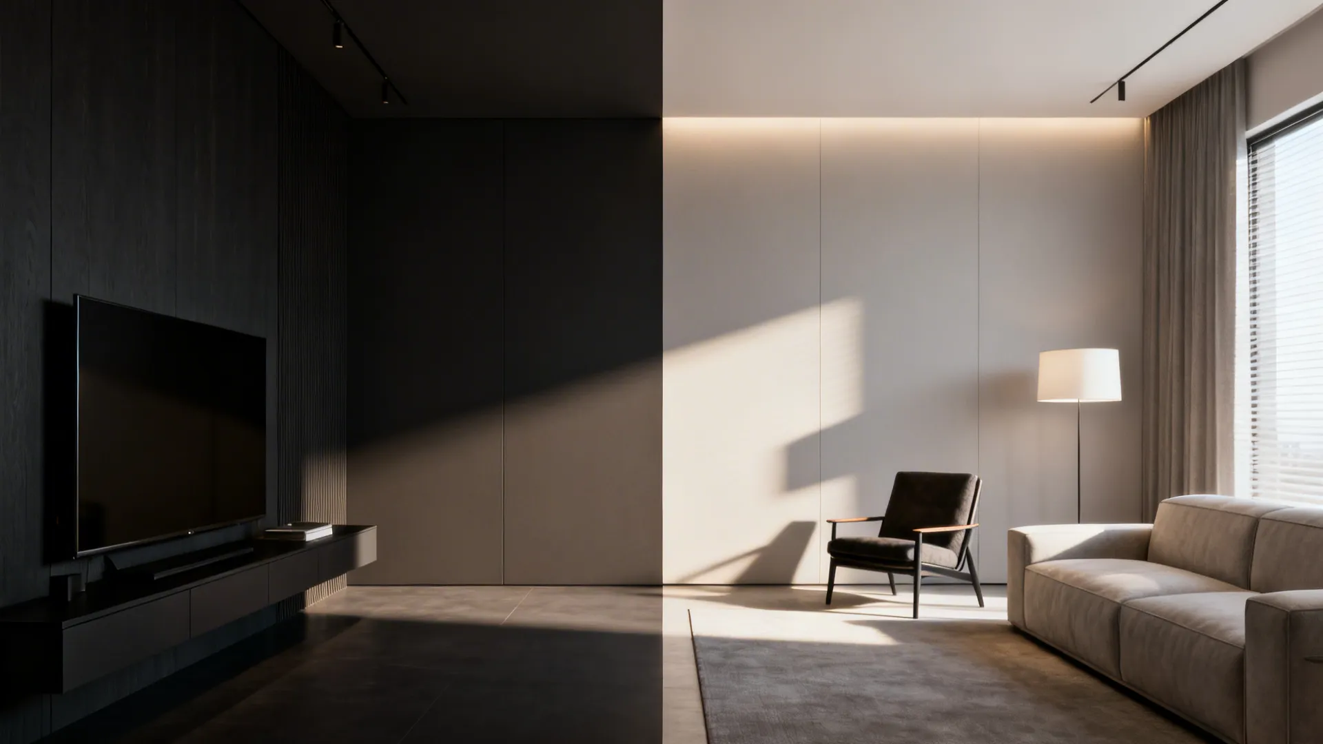 Open-plan living room with a vertical two-tone wall dividing entertainment and reading zones.