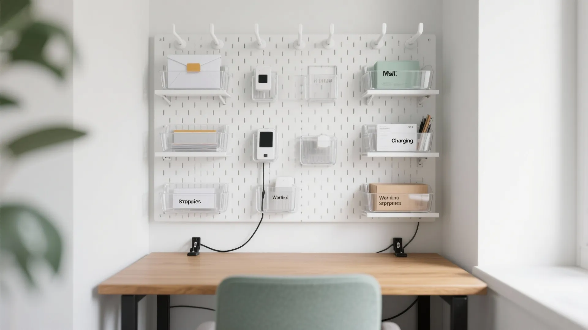 White wall board with hooks and clear storage boxes above a clean wooden work desk