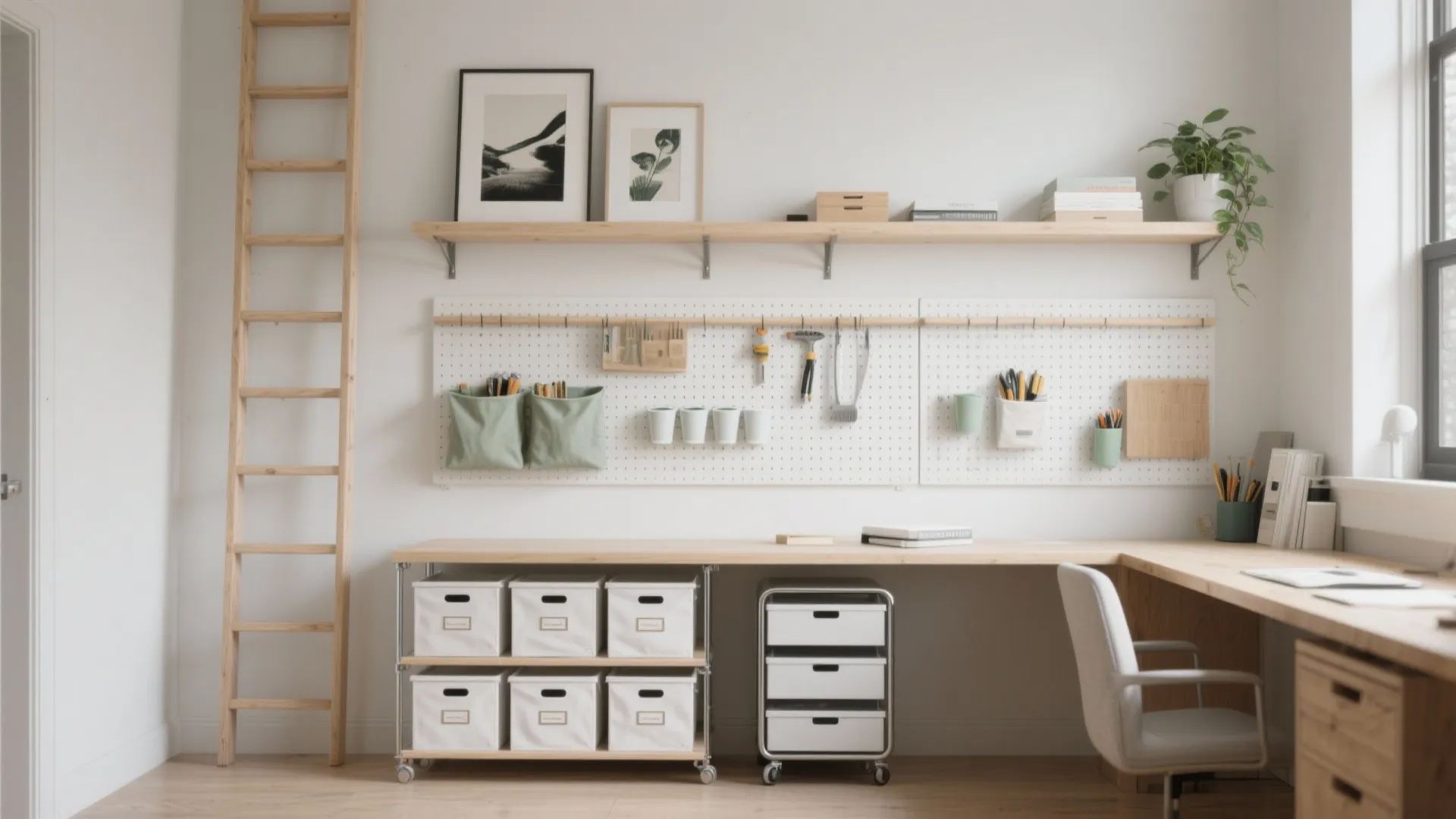Home office with wooden desk pegboard storage wall shelves and white boxes for room organization