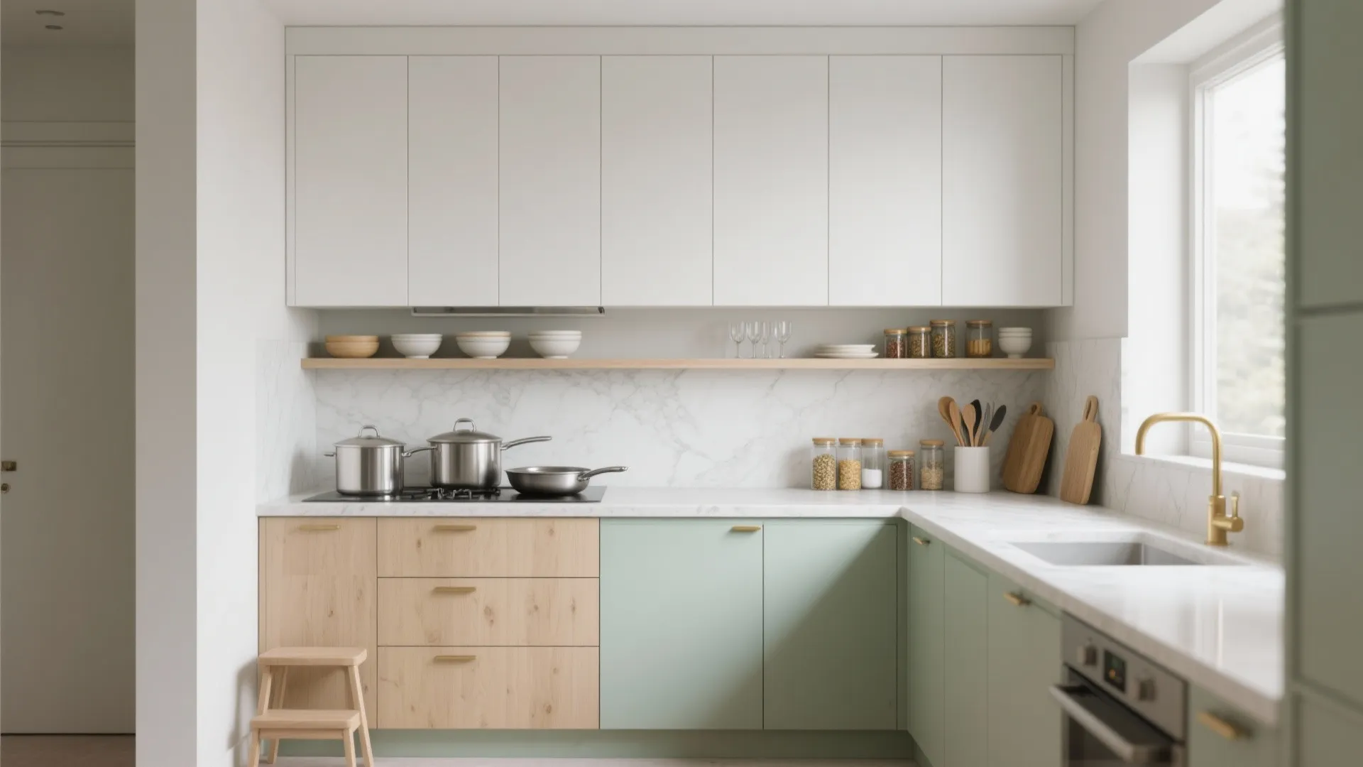 Modern kitchen with white upper cabinets wood drawers green lower units marble counters and gold faucet