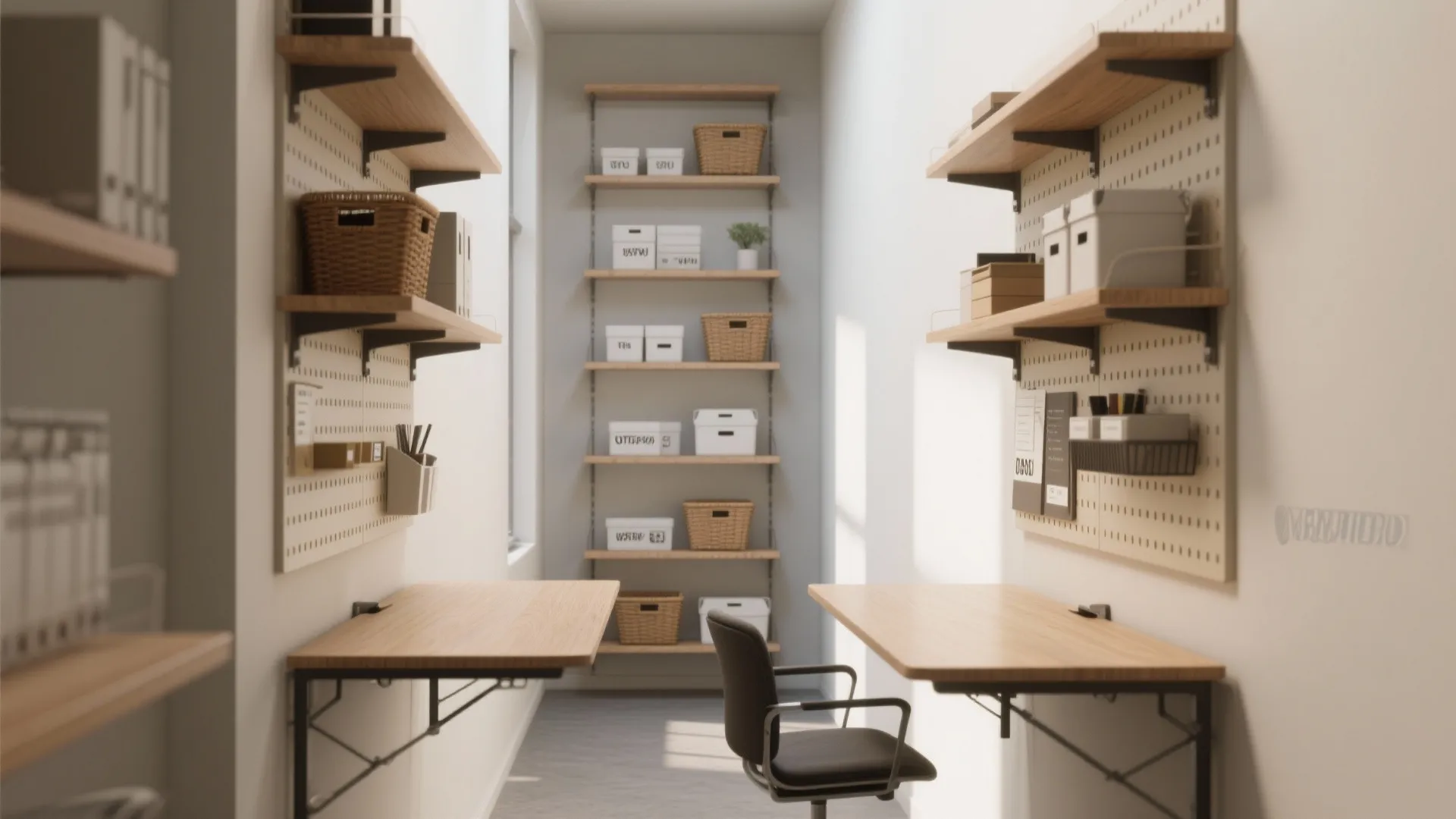 Narrow home office with wooden desks pegboards wall shelves storage boxes and a black chair