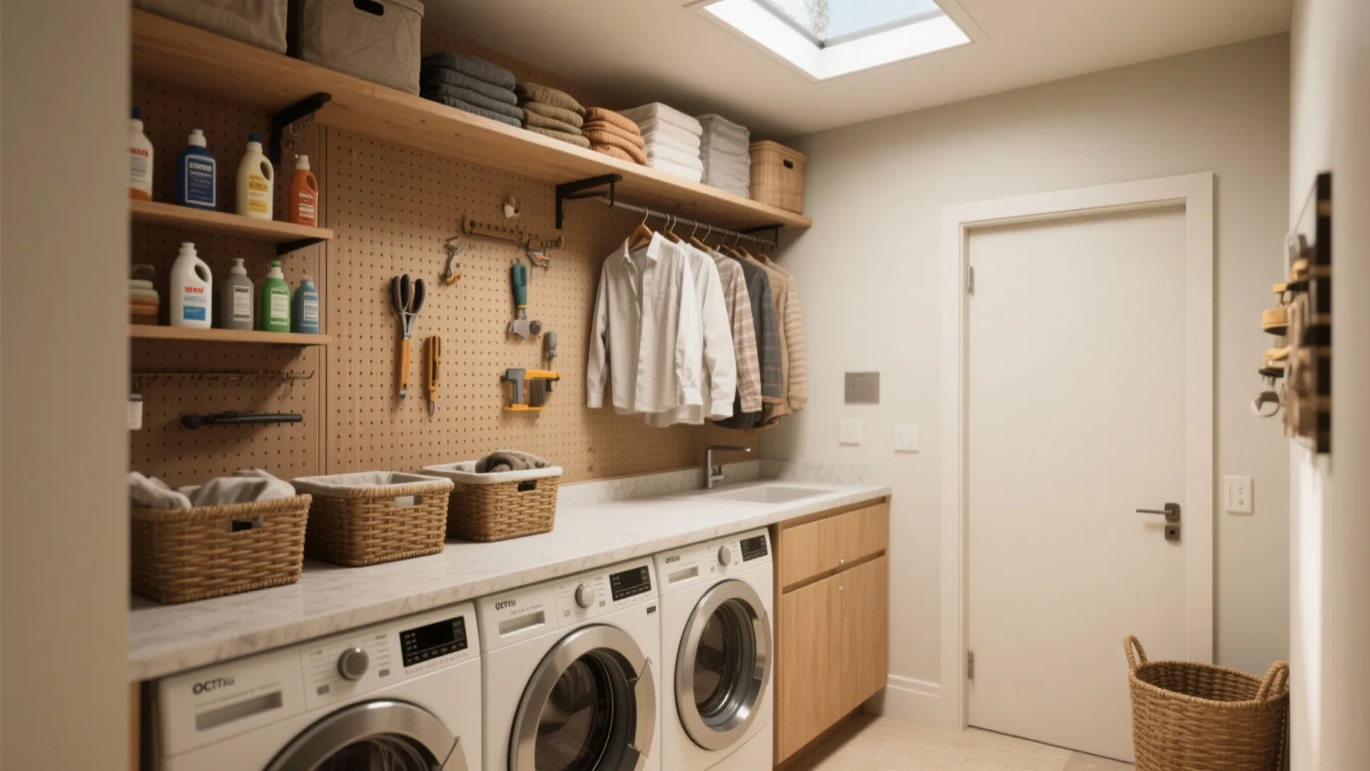 Organized laundry room with white washing machines wooden shelves wall storage and a small roof window