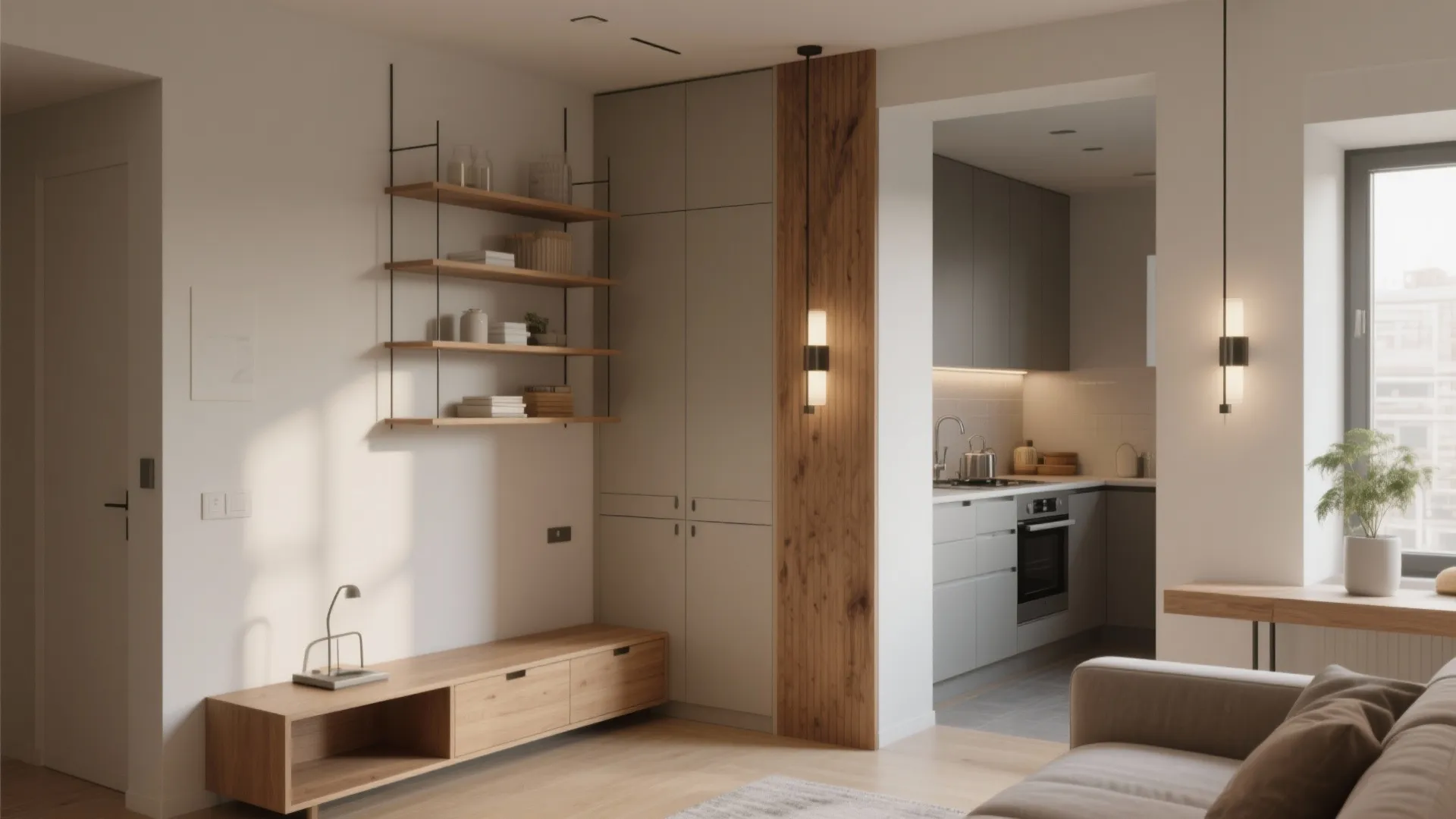 Modern apartment interior showing wooden shelves and floor light next to a small white kitchen